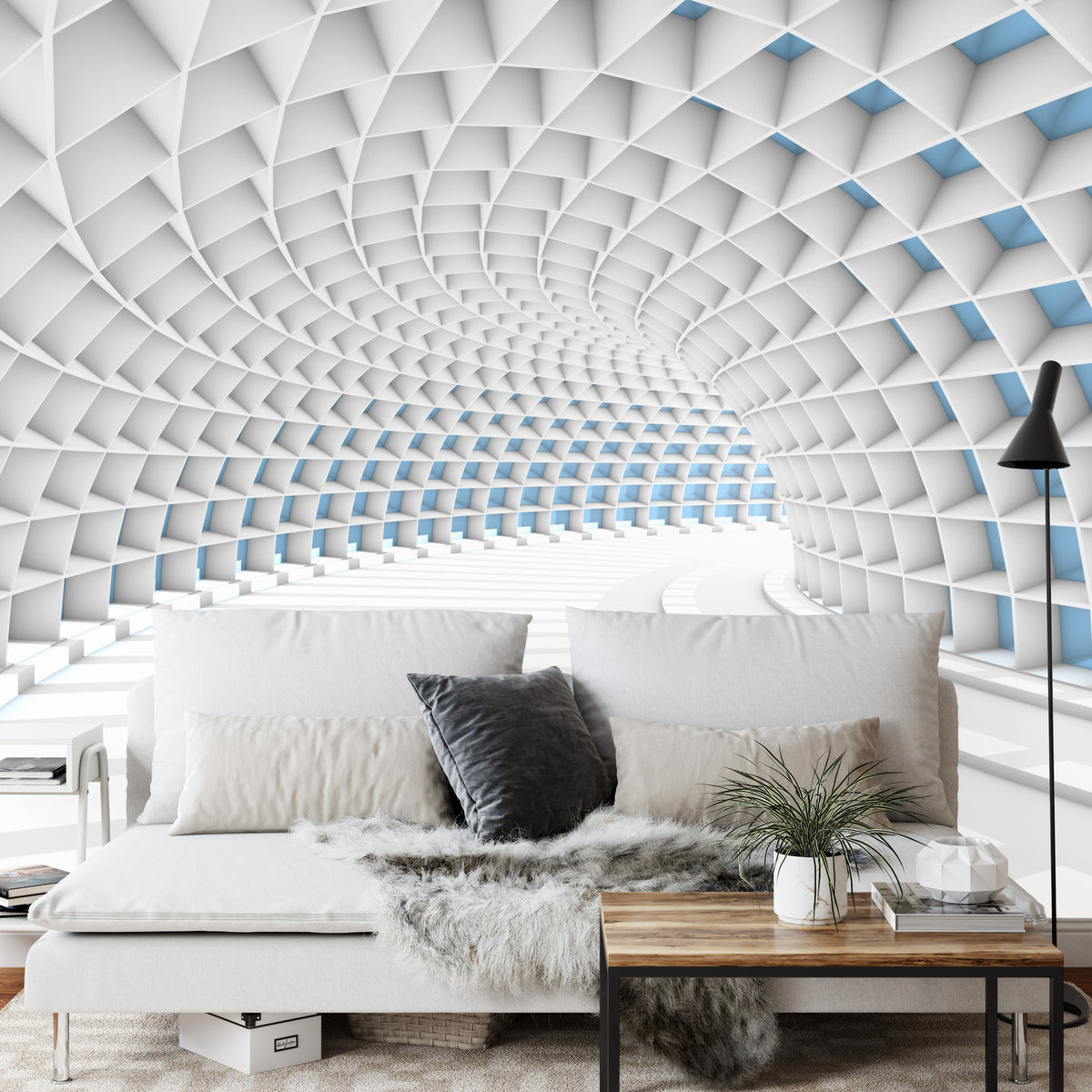 Fototapeta 3D Tunel Biały Z Niebieskim Światłem – aranżacja wnętrza