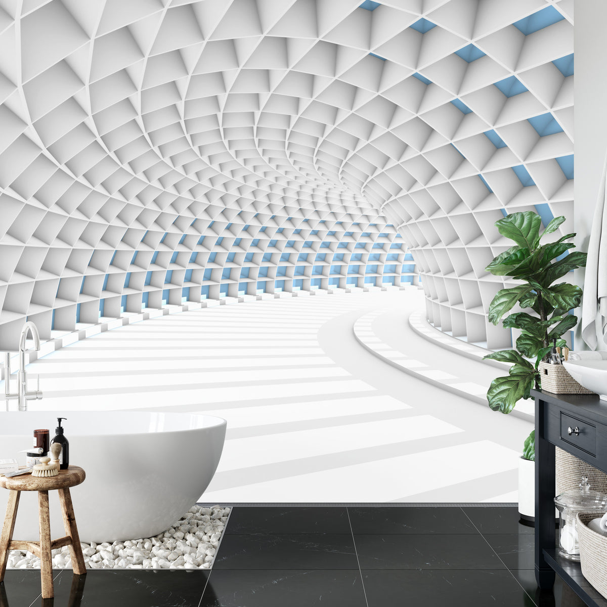 Fototapeta 3D Tunel Biały Z Niebieskim Światłem – aranżacja wnętrza