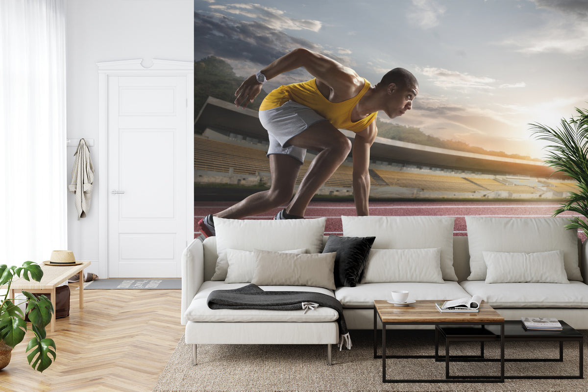 Fototapeta Sportowiec W Bloku Startowym 3D – aranżacja wnętrza