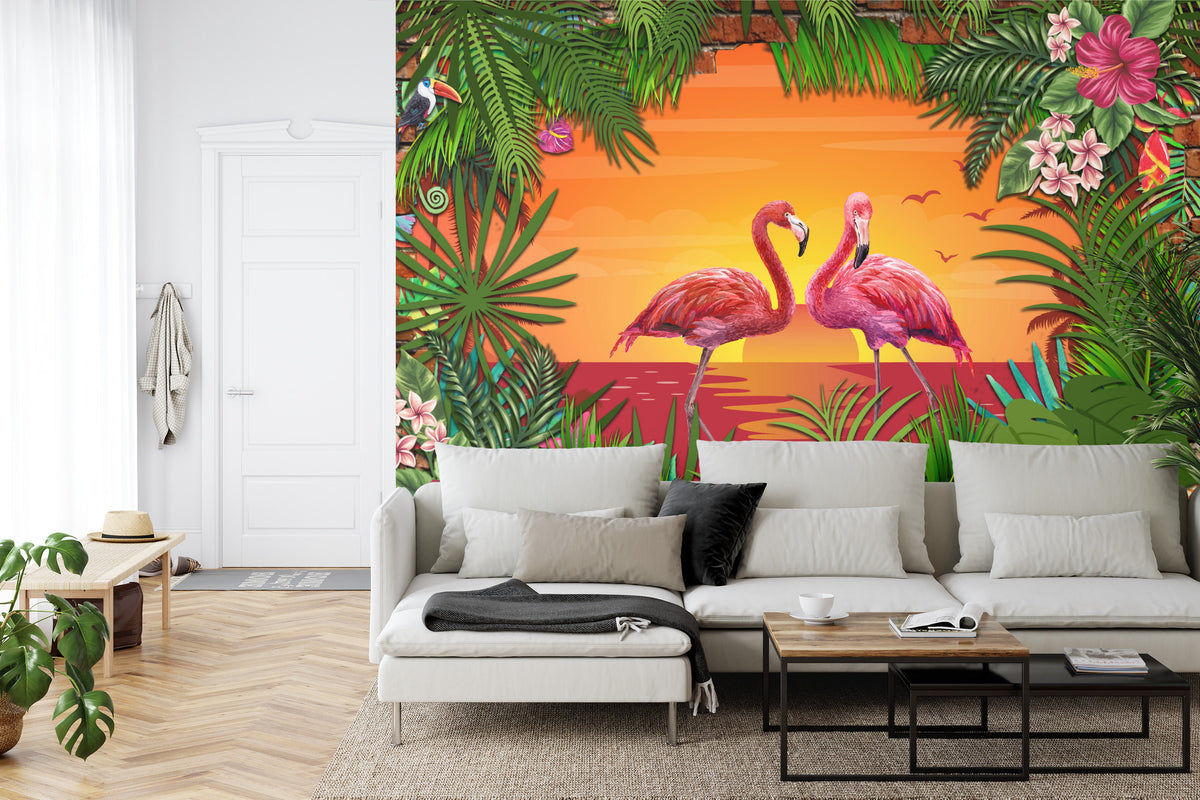 Fototapeta Flamingi Za Ceglaną Ścianą – aranżacja wnętrza