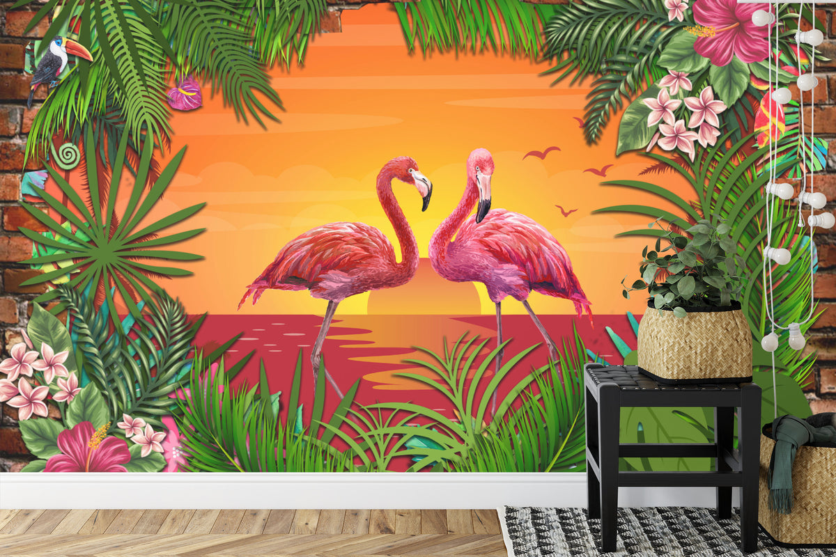 Fototapeta Flamingi Za Ceglaną Ścianą – aranżacja wnętrza