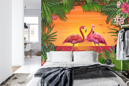 Fototapeta Flamingi Za Ceglaną Ścianą – aranżacja wnętrza