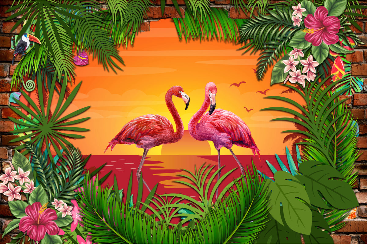 Fototapeta Flamingi Za Ceglaną Ścianą – wzór
