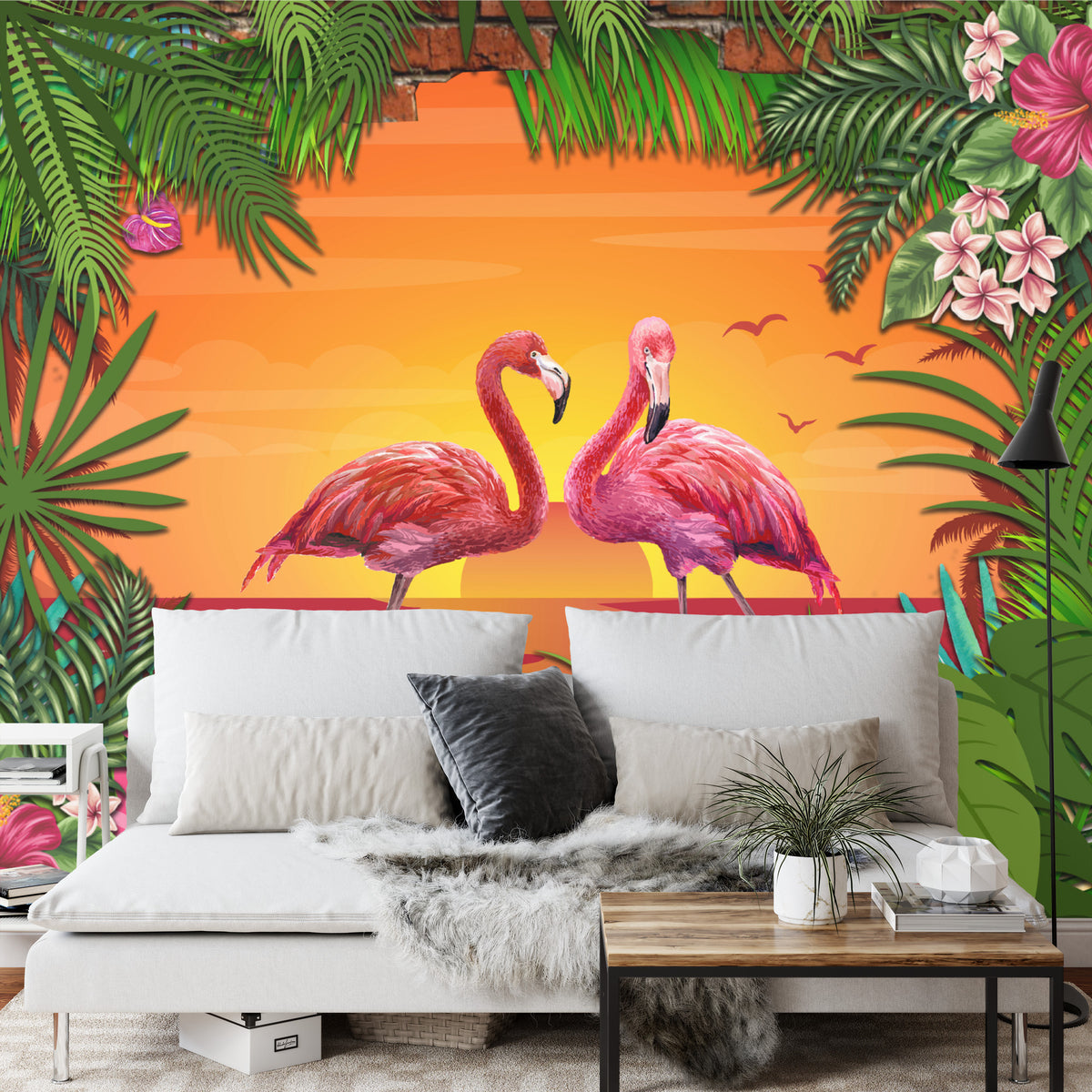 Fototapeta Flamingi Za Ceglaną Ścianą – aranżacja wnętrza
