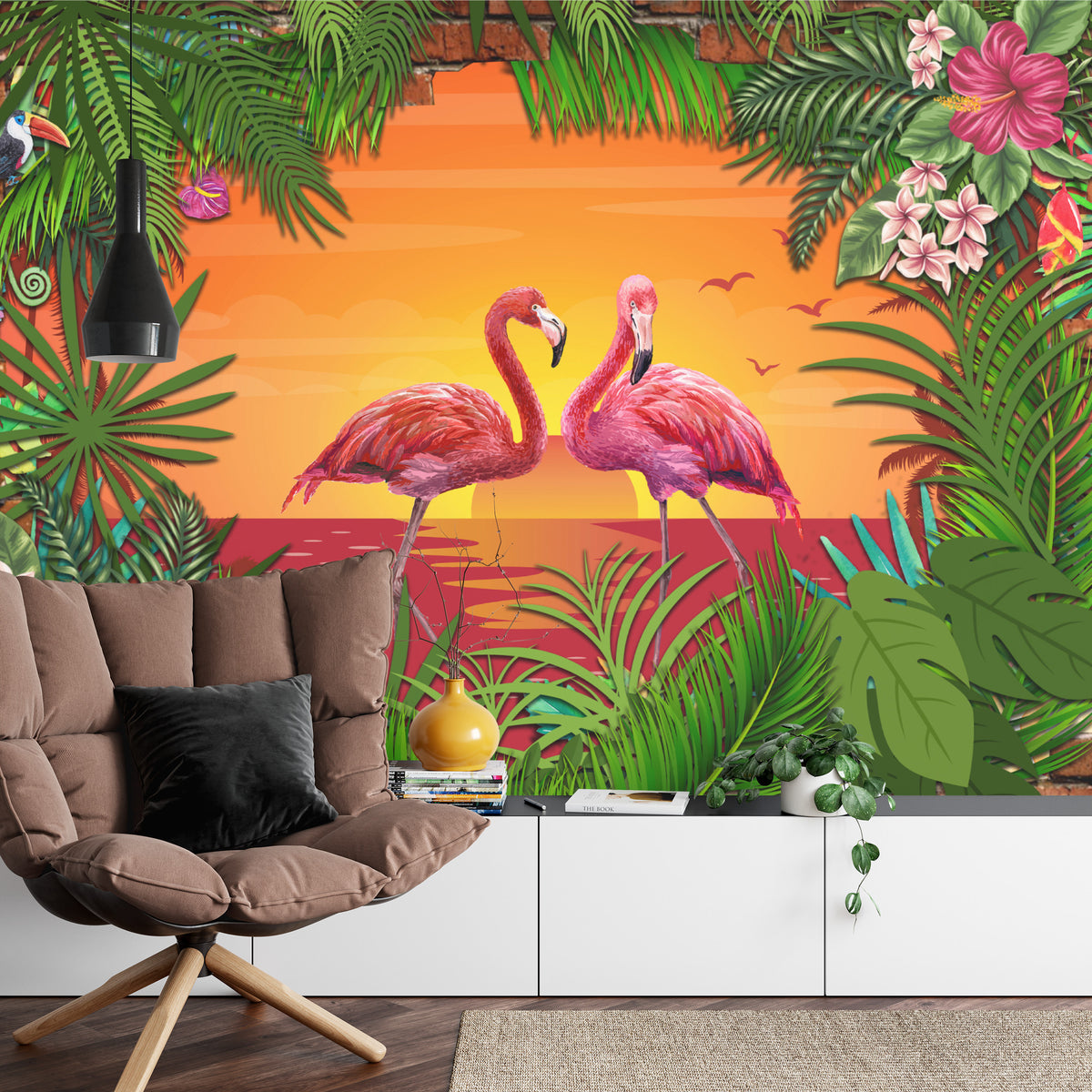Fototapeta Flamingi Za Ceglaną Ścianą – aranżacja wnętrza