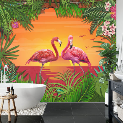 Fototapeta Flamingi Za Ceglaną Ścianą – aranżacja wnętrza