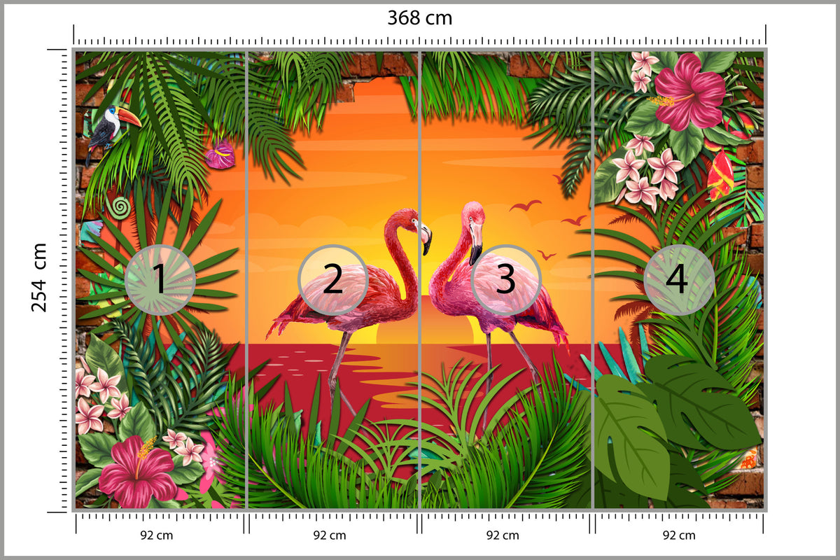 Fototapeta Flamingi Za Ceglaną Ścianą 368 × 254 cm – podgląd kadru