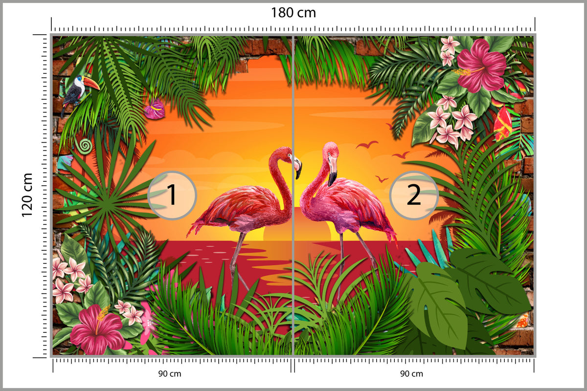 Fototapeta Flamingi Za Ceglaną Ścianą 180 × 120 cm – podgląd kadru