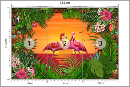 Fototapeta Flamingi Za Ceglaną Ścianą 315 × 210 cm – podgląd kadru