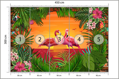 Fototapeta Flamingi Za Ceglaną Ścianą 450 × 300 cm – podgląd kadru
