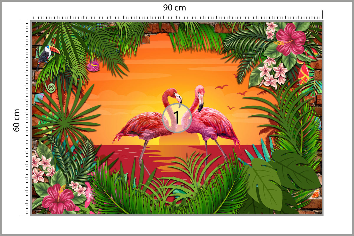 Fototapeta Flamingi Za Ceglaną Ścianą 90 × 60 cm – podgląd kadru