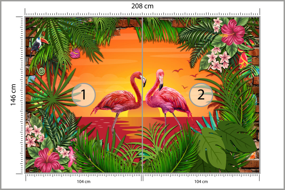 Fototapeta Flamingi Za Ceglaną Ścianą 208 × 146 cm – podgląd kadru