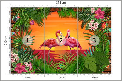 Fototapeta Flamingi Za Ceglaną Ścianą 312 × 219 cm – podgląd kadru