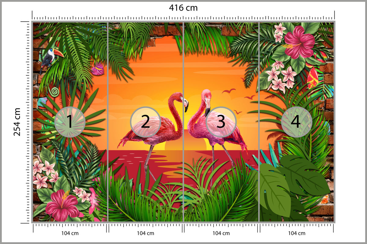 Fototapeta Flamingi Za Ceglaną Ścianą 416 × 254 cm – podgląd kadru