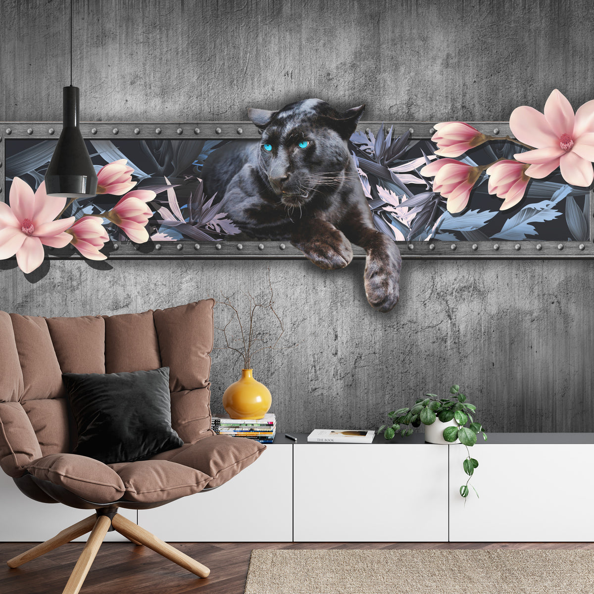 Fototapeta Pantera Z Kwiatami Magnolii – aranżacja wnętrza