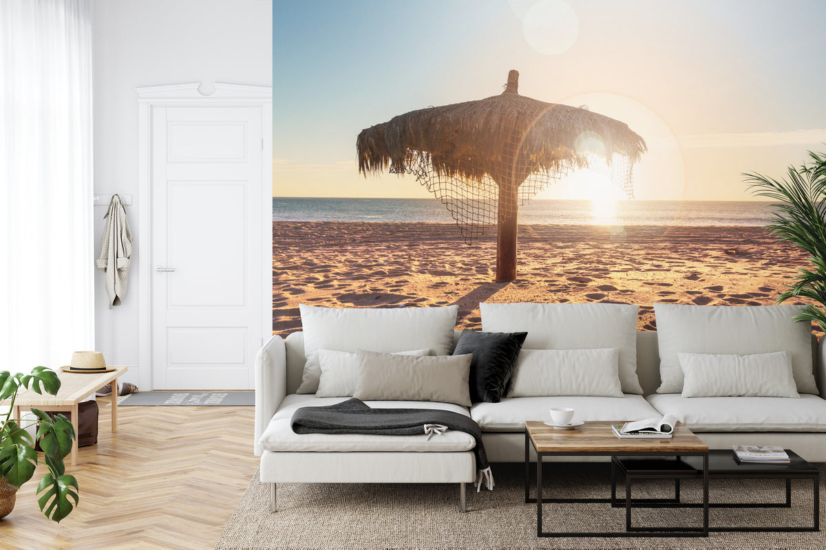 Fototapeta Plaża Zachód Słońca Z Parasolem – aranżacja wnętrza