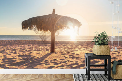 Fototapeta Plaża Zachód Słońca Z Parasolem – aranżacja wnętrza