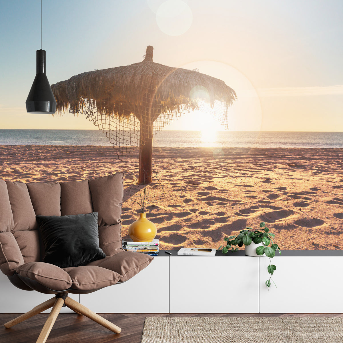 Fototapeta Plaża Zachód Słońca Z Parasolem – aranżacja wnętrza