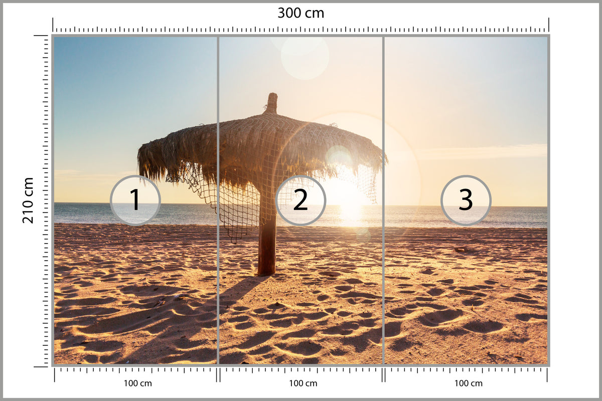 Fototapeta Plaża Zachód Słońca Z Parasolem 300 × 210 cm – podgląd kadru