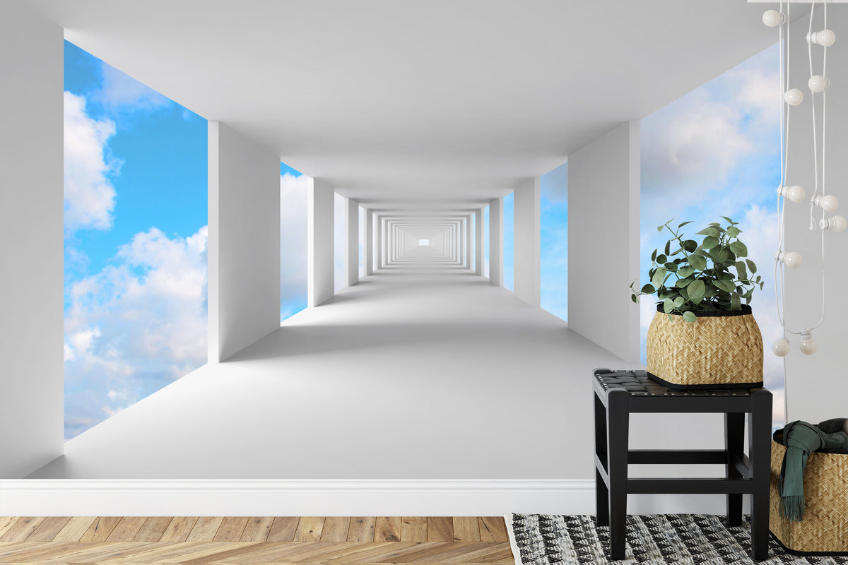 Fototapeta 3D Biały Korytarz Z Widokiem Na Niebo – aranżacja wnętrza