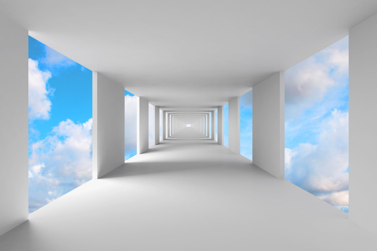 Fototapeta 3D Biały Korytarz Z Widokiem Na Niebo – wzór