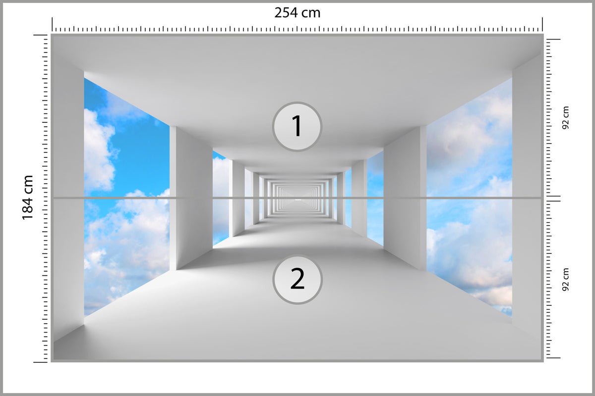 Fototapeta 3D Biały Korytarz Z Widokiem Na Niebo 254 × 184 cm – podgląd kadru