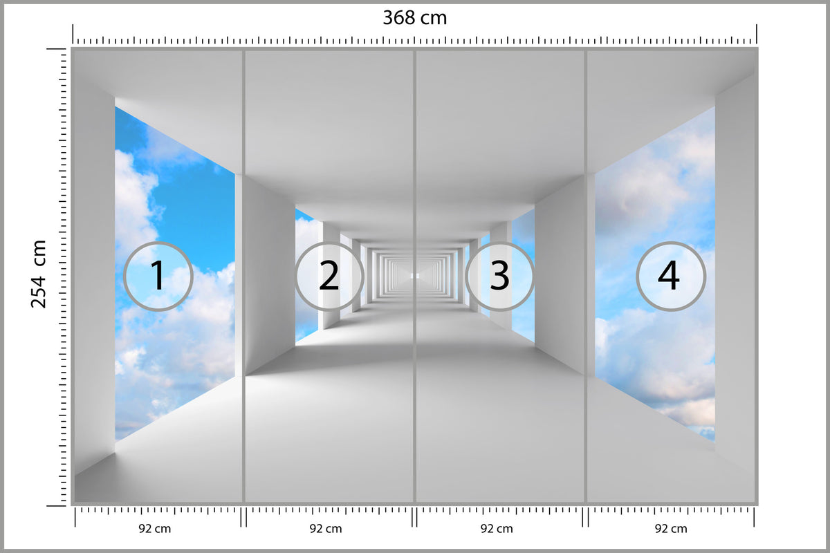Fototapeta 3D Biały Korytarz Z Widokiem Na Niebo 368 × 254 cm – podgląd kadru