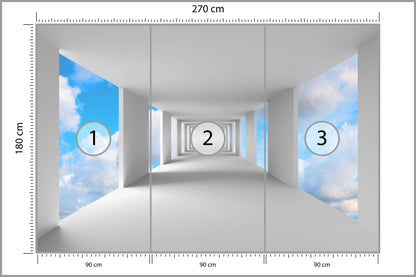 Fototapeta 3D Biały Korytarz Z Widokiem Na Niebo 270 × 180 cm – podgląd kadru