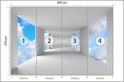 Fototapeta 3D Biały Korytarz Z Widokiem Na Niebo 405 × 270 cm – podgląd kadru