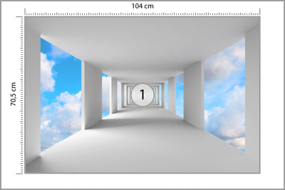 Fototapeta 3D Biały Korytarz Z Widokiem Na Niebo 104 × 70,5 cm – podgląd kadru