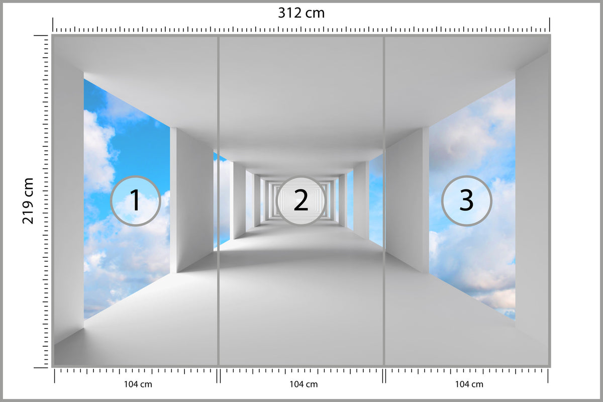 Fototapeta 3D Biały Korytarz Z Widokiem Na Niebo 312 × 219 cm – podgląd kadru