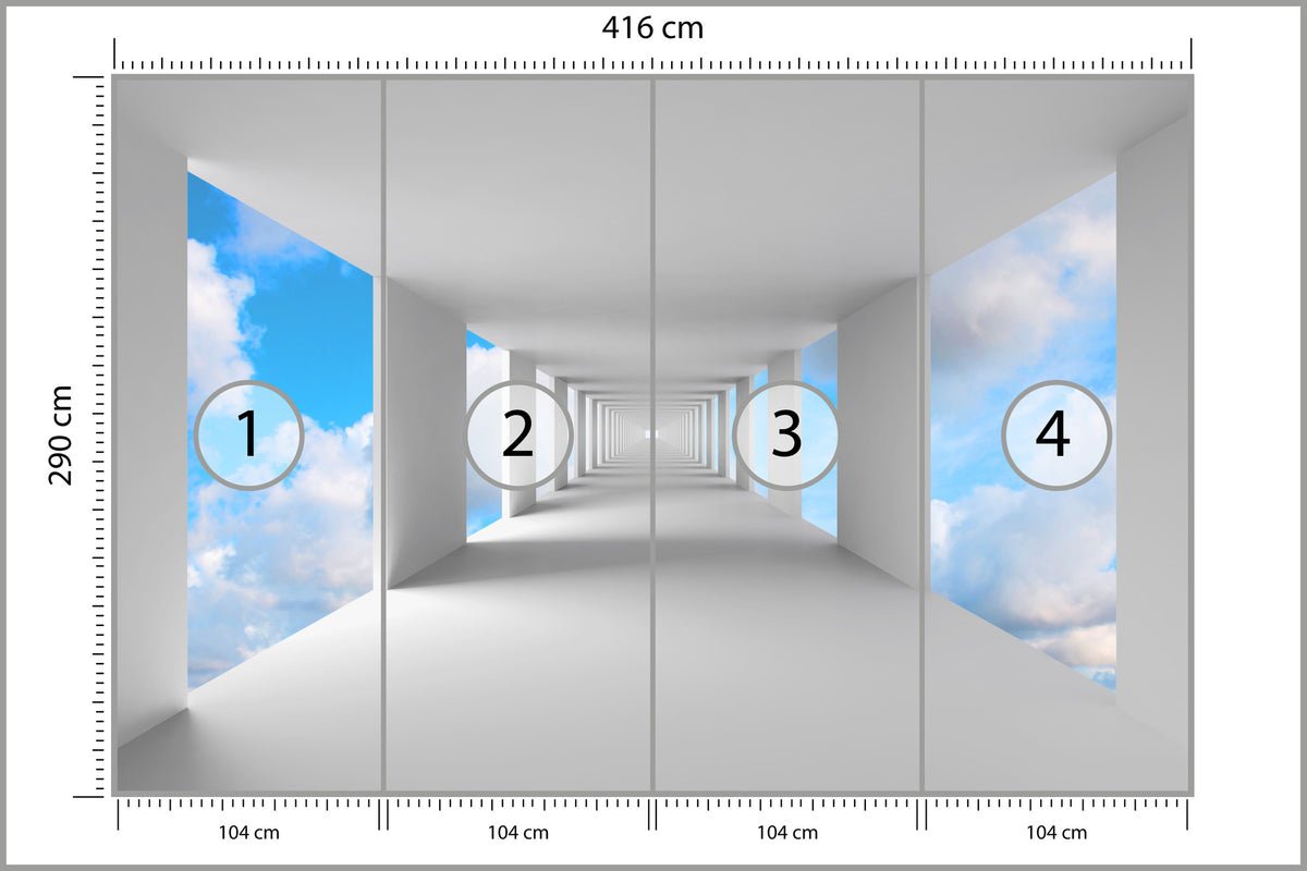Fototapeta 3D Biały Korytarz Z Widokiem Na Niebo 416 × 290 cm – podgląd kadru