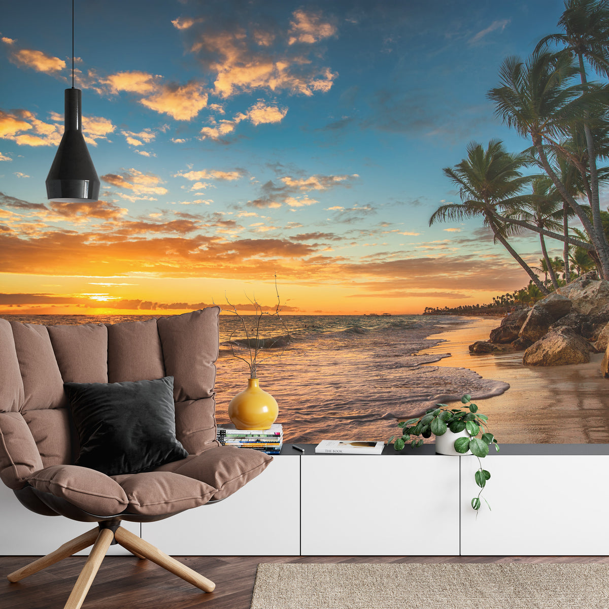Fototapeta Plaża Zachód Słońca Z Palmami – aranżacja wnętrza
