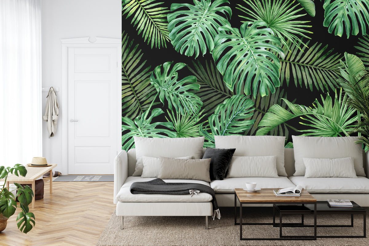 Fototapeta Liście Monstera Na Czarnym Tle – aranżacja wnętrza