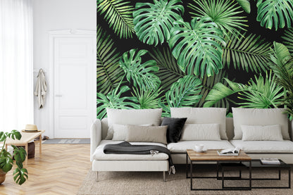 Fototapeta Liście Monstera Na Czarnym Tle – aranżacja wnętrza