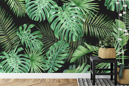 Fototapeta Liście Monstera Na Czarnym Tle – aranżacja wnętrza