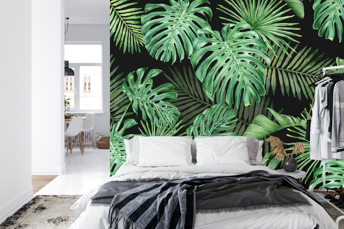 Fototapeta Liście Monstera Na Czarnym Tle – aranżacja wnętrza