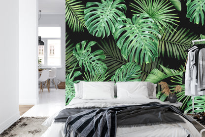 Fototapeta Liście Monstera Na Czarnym Tle – aranżacja wnętrza