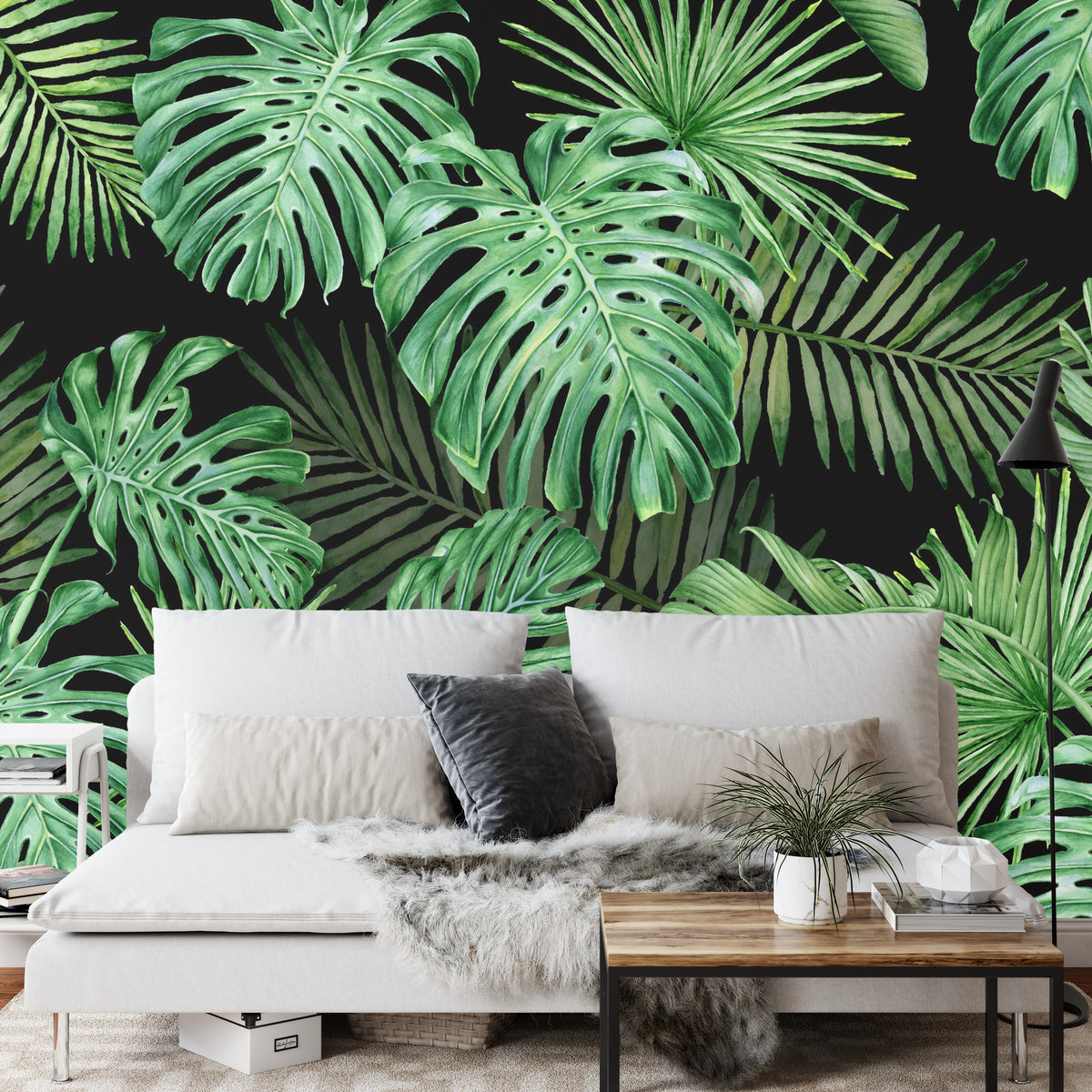Fototapeta Liście Monstera Na Czarnym Tle – aranżacja wnętrza