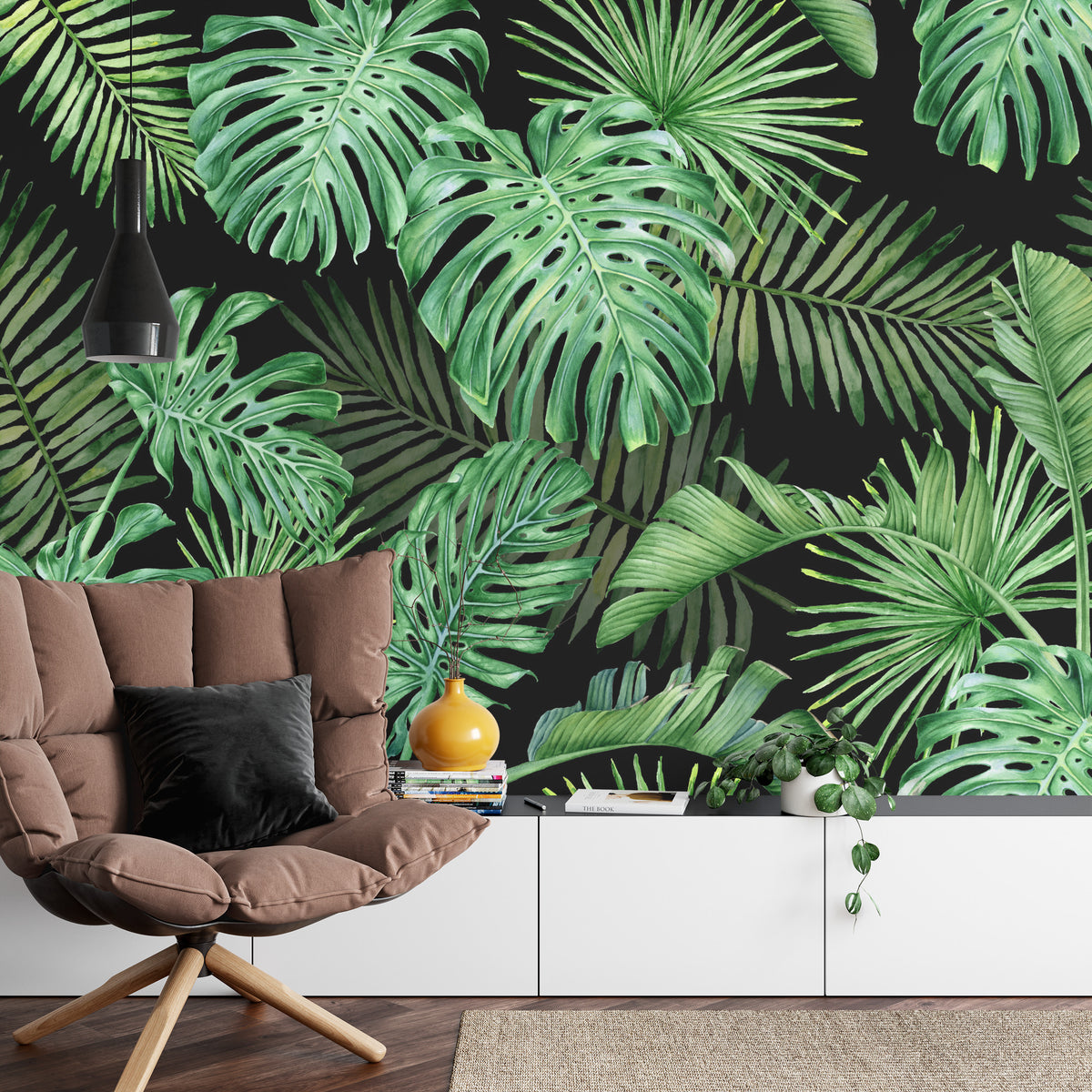 Fototapeta Liście Monstera Na Czarnym Tle – aranżacja wnętrza