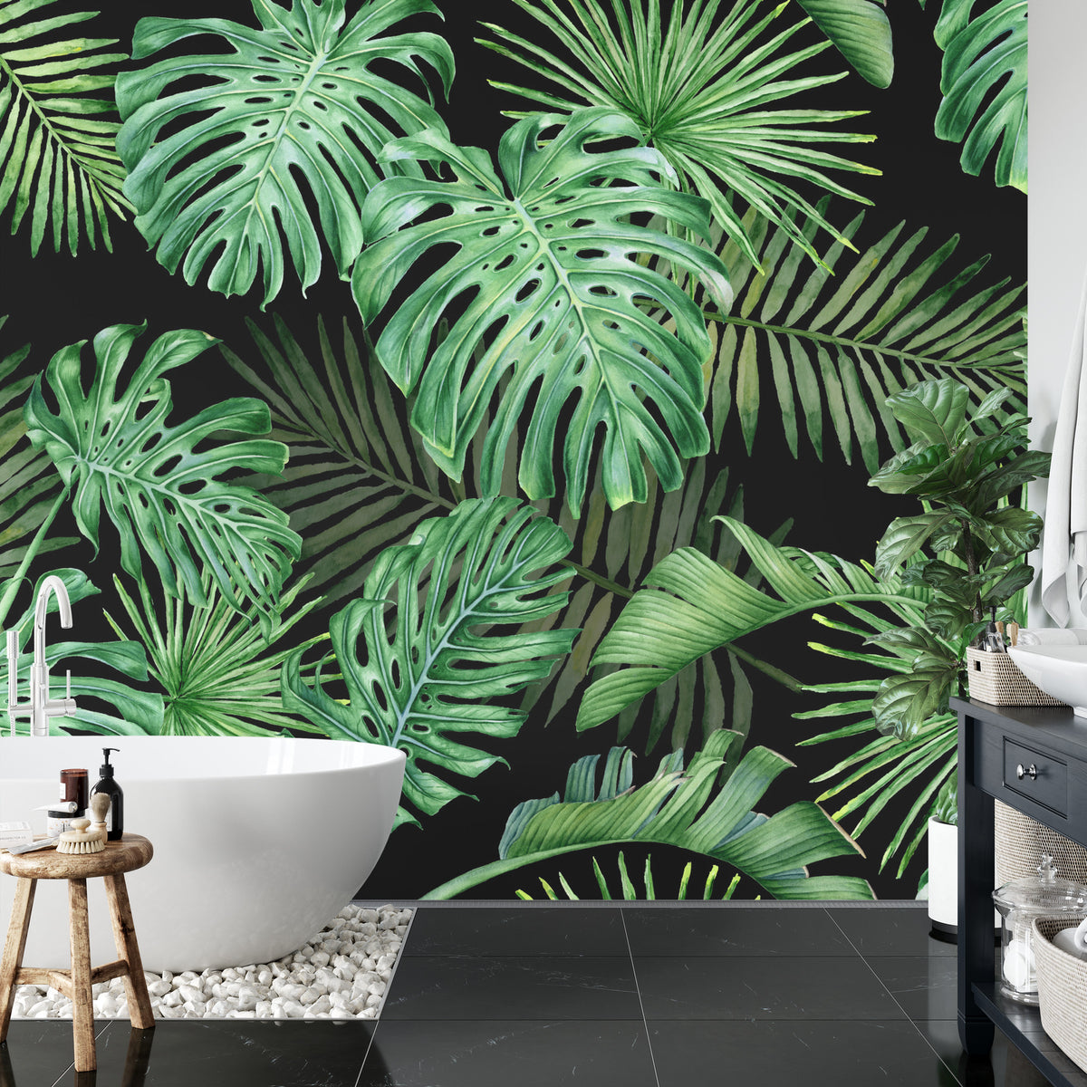Fototapeta Liście Monstera Na Czarnym Tle – aranżacja wnętrza