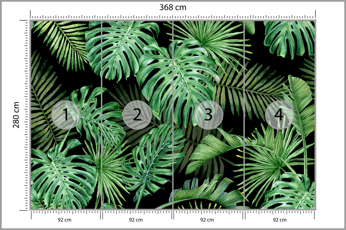 Fototapeta Liście Monstera Na Czarnym Tle 368 × 280 cm – podgląd kadru