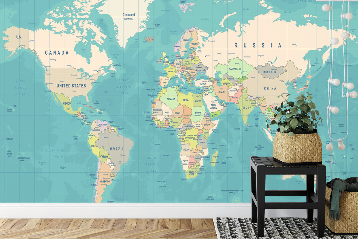 Fototapeta Mapa Świata Turkusowa Z Nazwami – aranżacja wnętrza