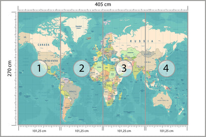 Fototapeta Mapa Świata Turkusowa Z Nazwami 405 × 270 cm – podgląd kadru
