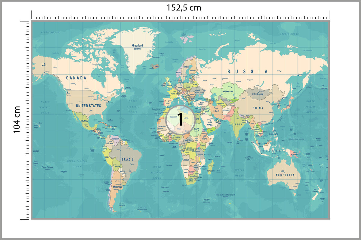 Fototapeta Mapa Świata Turkusowa Z Nazwami 152,5 × 104 cm – podgląd kadru