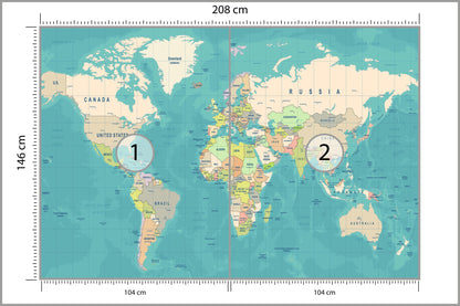 Fototapeta Mapa Świata Turkusowa Z Nazwami 208 × 146 cm – podgląd kadru