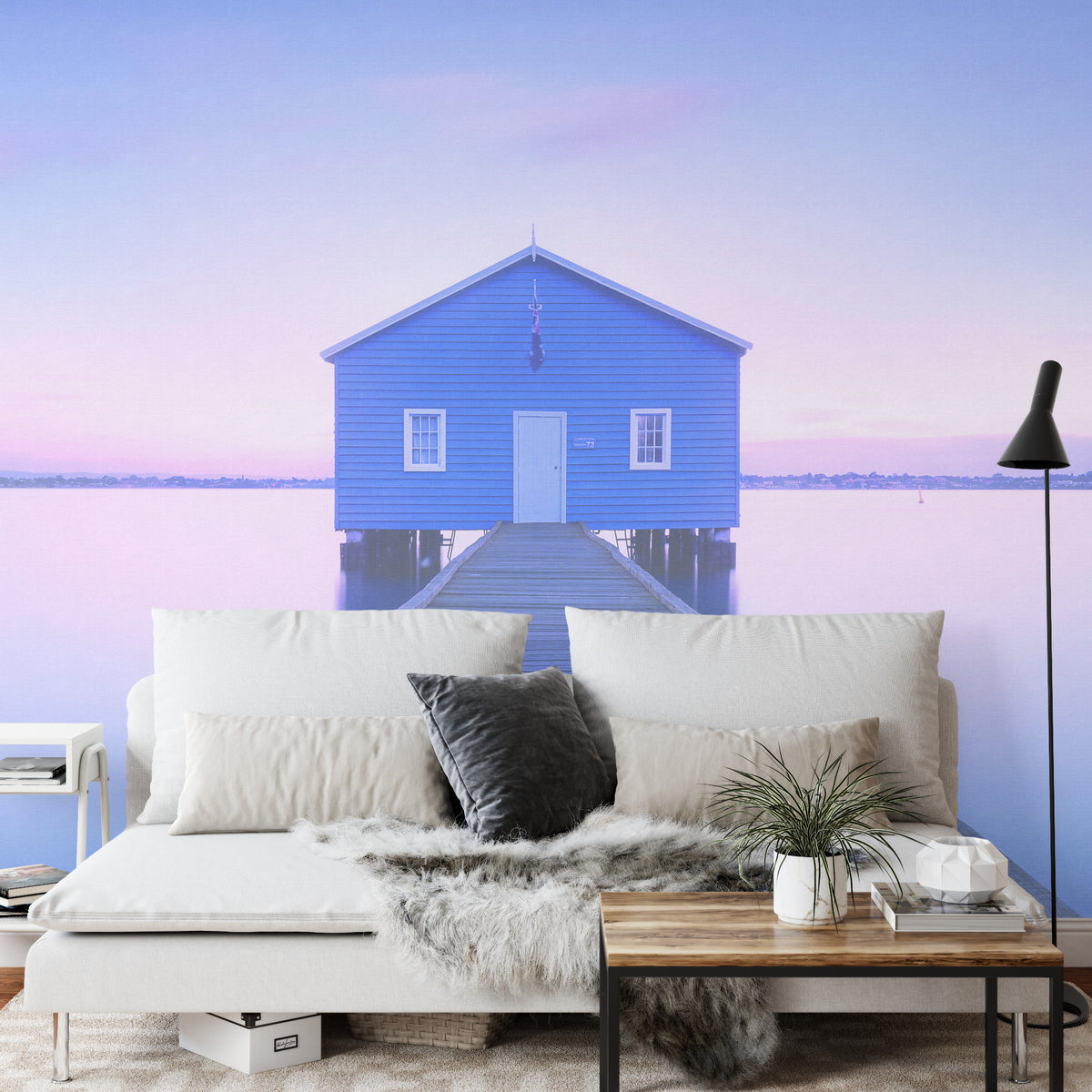 Fototapeta Kwadratowa Boathouse Autorstwa Richarda Vandewalle'a – aranżacja wnętrza