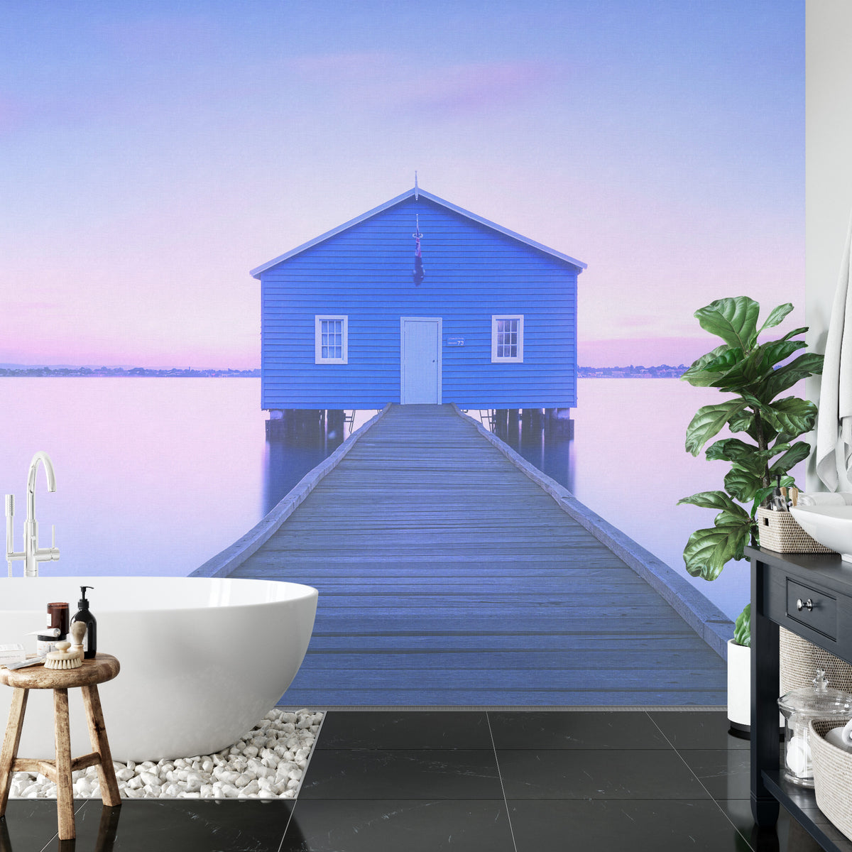 Fototapeta Kwadratowa Boathouse Autorstwa Richarda Vandewalle'a – aranżacja wnętrza