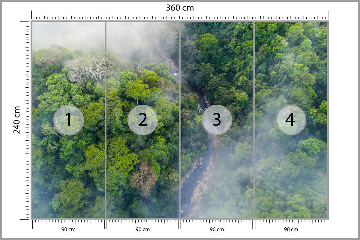 Fototapeta Las We Mgle Z Lotu Ptaka Z Drogą 360 × 240 cm – podgląd kadru