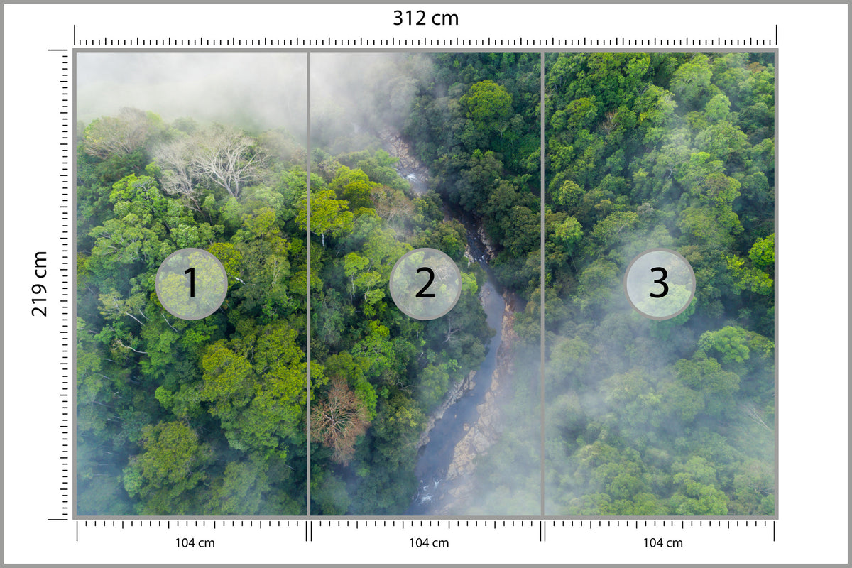 Fototapeta Las We Mgle Z Lotu Ptaka Z Drogą 312 × 219 cm – podgląd kadru